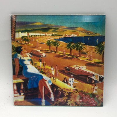 Coaster LADY ADMIRING VIEW FRENCH RIVIERA Deco 6'' Glass Coaster Tile AS IS Read