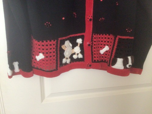 Quacker Factory Embroidered Beaded Dog Poodle Cardigan Sweater Black Women Sz L - Picture 3 of 5