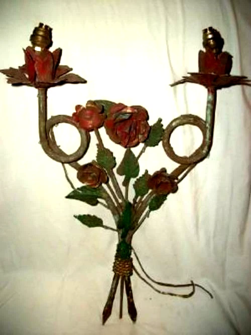 LÁMPARA APLIQUE FRANCÉS TOLE AÑOS 30 ROSAS ESTILO ITALIANO TOLEWARE PINTURA ORIGINAL Foto 2 de 4