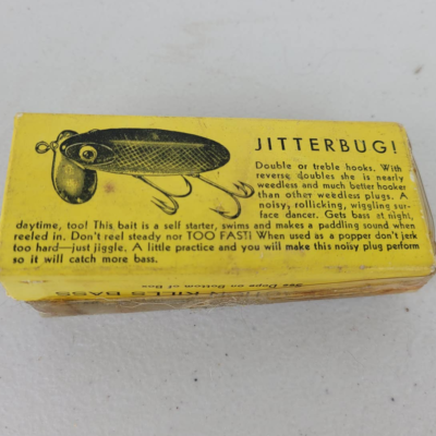 Leurre Vintage Fred Arbogast Jitterbug – Années 1950 – Jaune/noir – Avec Catalogue
