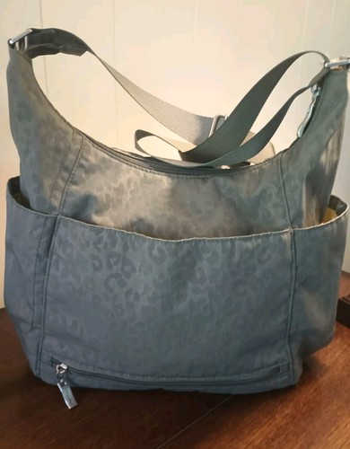 Baggallini Medium Hobo Shoulder Travel Bag Gray Leopard Print Organizer - Picture 3 of 11