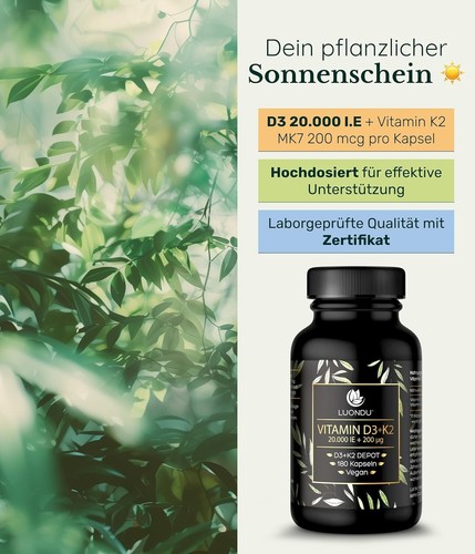 Luondu Vitamin D3 20.000 I.E + Vitamin K2 MK7 200 mcg Depot (Hochdosiert & Vegan - Bild 2 von 3