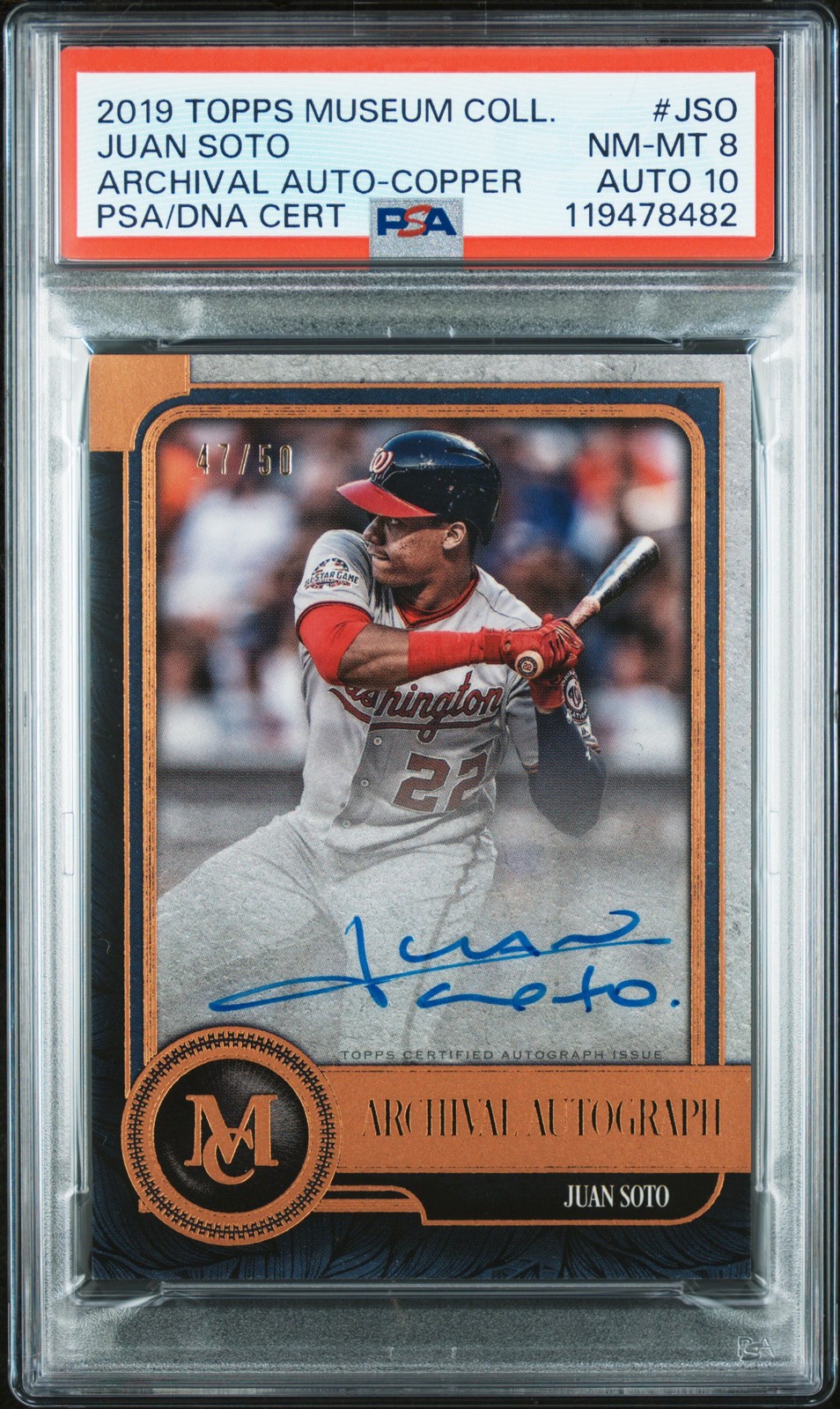 JUAN SOTO 2019 MUSEUM COLLECTION ARCHIVAL AUTO COPPER #JSO 47/50 PSA 8 AUTO 10 