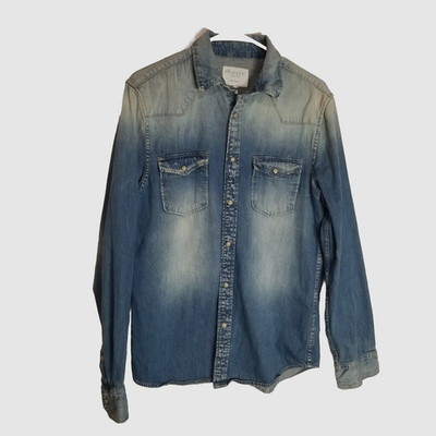Primark Shirt Men's Medium Pearl Snap Distressed Blue Denim Long Sleeve Western