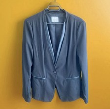 Damen Blazer, Anzugjacke, Basic, schwarz, Kragenlos, Kunstleder Revers, Gr. L