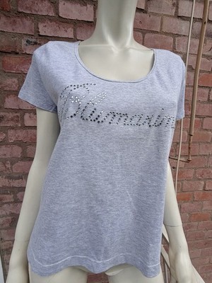Blumarine Grey Short Sleeve T-Shirt Cotton Logo Swarovski Design Size IT 46 L