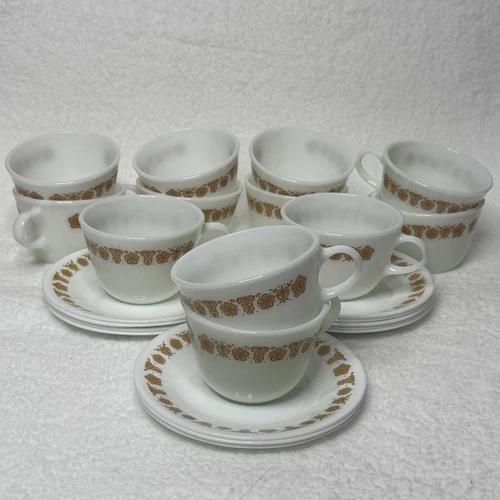 Vtg Corning Corelle Livingware Butterfly Gold Coffee Tea Cup & Saucer Set of 12
