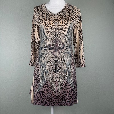 Leopard Print Tunic Top Size M Rhinestone Angel Wing Fleur-de-lis Sharkbite Y2K