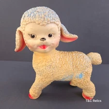 Vintage Sun Rubber Co Toy Lamb Sheep 1961 Rolling Pull White Blue Pink 10"H