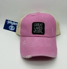 Great Lakes Girl Pink Distressed Trucker Hat Mesh Back Ponytail Criss Cross Adj