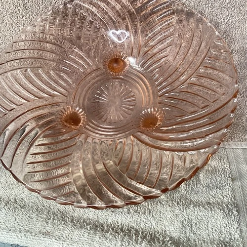 VTG 10" Anchor Hocking prismatic swirl pink depression glass 3 footed bowl