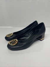 Tory Burch Black Leather Block Heel Pumps Gold Logo Medallion Women's Size 10B