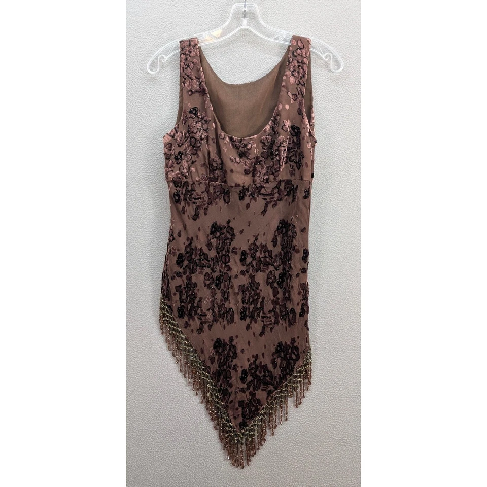 Женская бархатная майка Burnout с цветочным бисером асимметричный подол бахрома коричневая XS? - Изображение 3 из 4