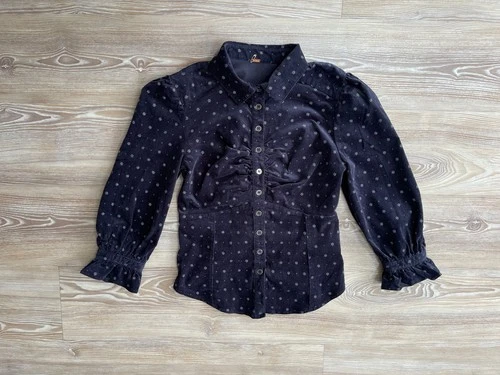 Free People Shirt Blue Cord Corduroy Fitted Ruched Top 3/4 Sleeve UK 8 - NEW