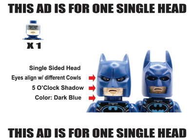 ONE Custom Head on Real LEGO  - FITS ALL BATMAN Cowls   - DK BL 5 O'Clock Shadow