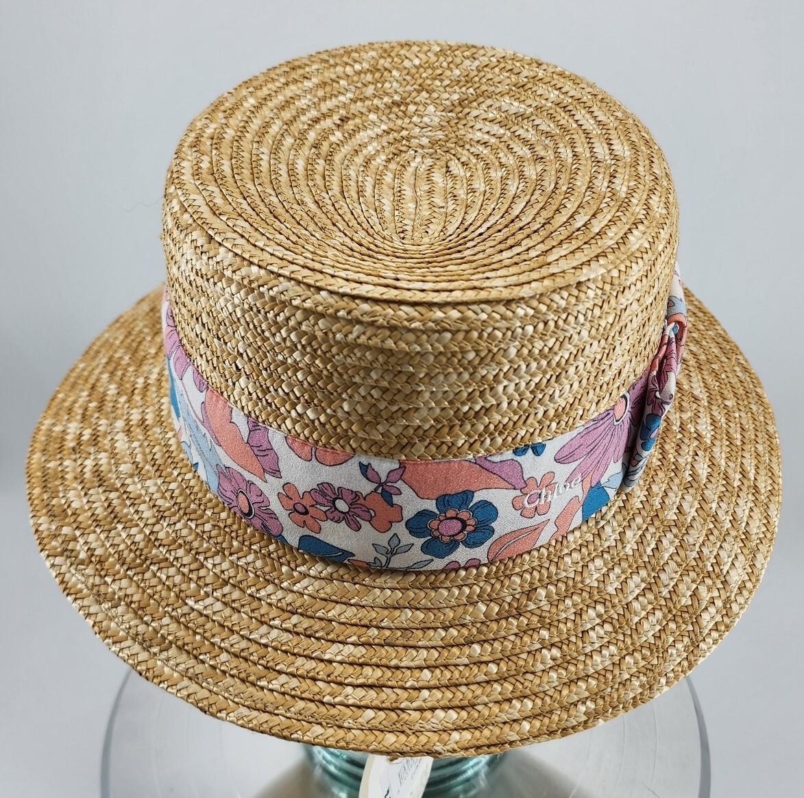NEW Chloé Women\'s Braided Straw Boater Hat‎ Viscose Floral Ribbon Bow Size 58 NEW Chloé Women main image 4