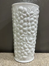 Vintage Milk Glass Grape Leaf Fruit Pebble Textured 7.5” Vase Indiana Glass EUC