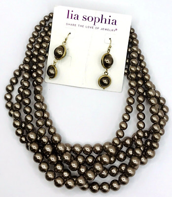 Lia Sophia ''Cafe Au Lait'' Resin & Pearl Matte Gold Tone Necklace & Earrings Set