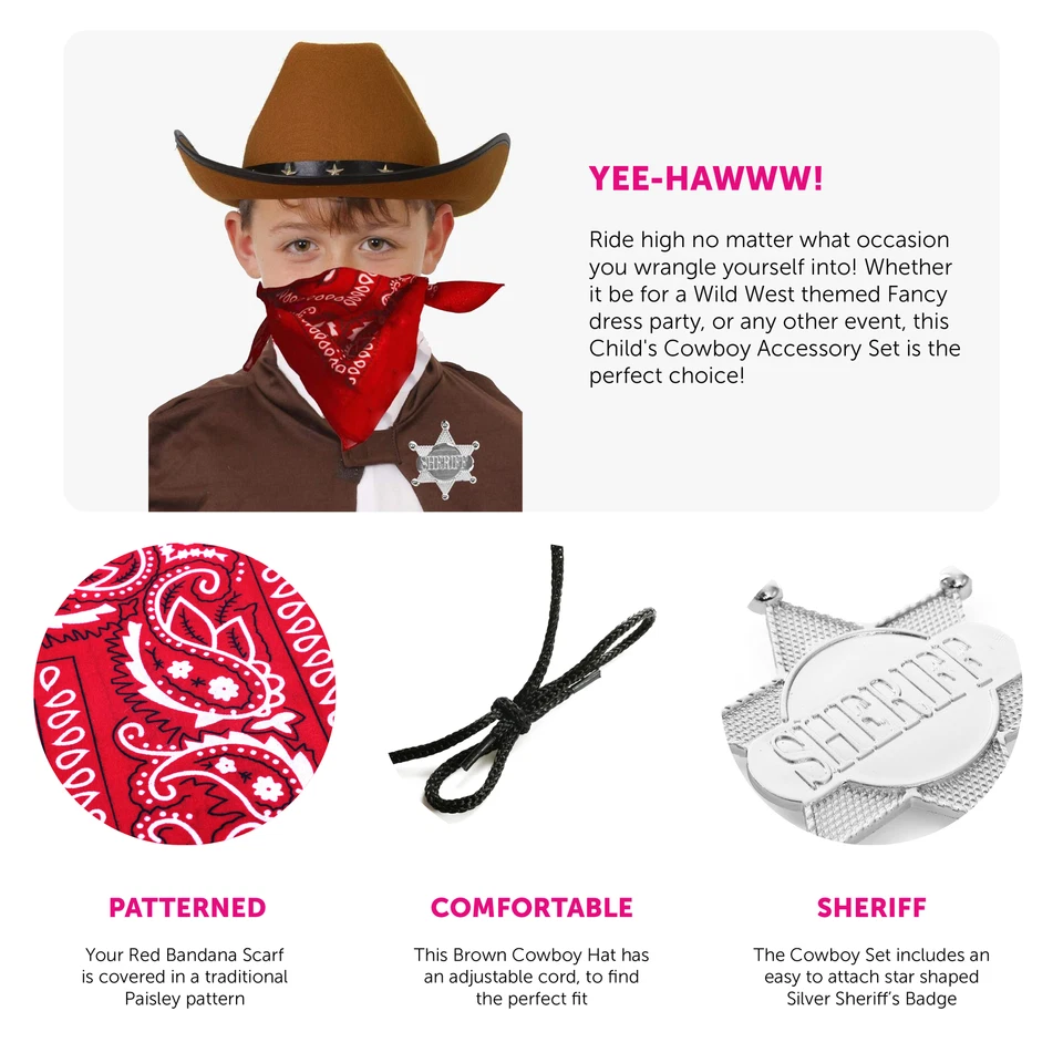 CHILD COWBOY FANCY DRESS COSTUME BROWN HAT BANDANA BADGE BOOK DAY WILD WEST - Image 2 of 4