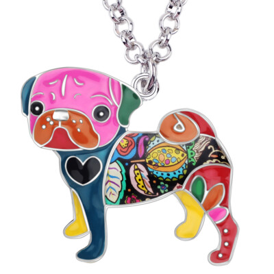 Enamel Alloy Pug Dog Puppy Necklace Chain Pendant for Women Kid Pet Jewelry Gift
