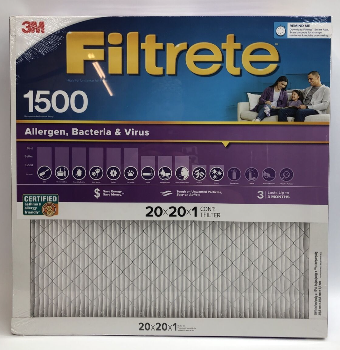 3M Filtrete Air Filter 20x20x1 Ultra Allergen Healthy Living 1500 MPR