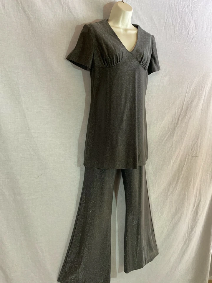 Conjunto de 2 Pantalones Traje De Colección Años 70 Plateado Metálico Superior Campana Parte Inferior Pantalones Disco M 28/30 Foto 3 de 4