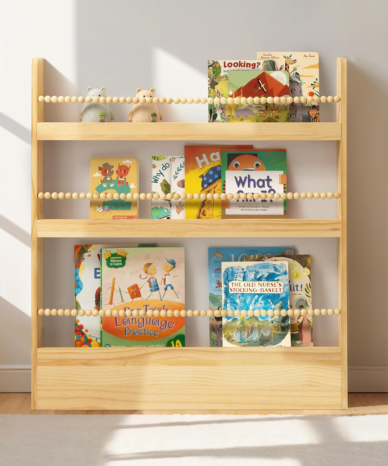 Kids 31.5" Wall-Mounted Bookshelf - 3-Tier Natural Wood Organizer for Playroom