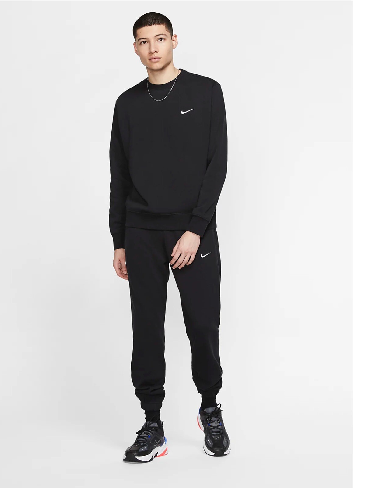 Nike Single Swoosh Fleece Black Full Tracksuit Black Crew Neck Joggers Large