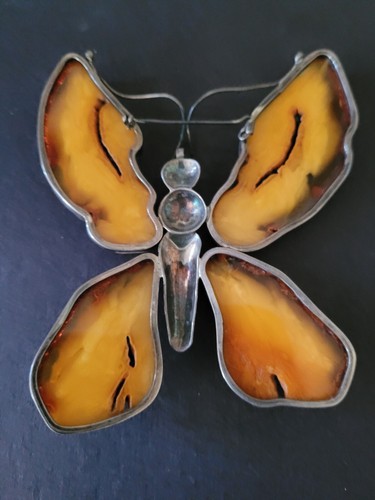 Very Rare Huge Russian Baltic Egg Yolk Amber BUTTERFLY Pin In Silver - Picture 7 of 20