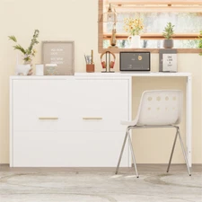 Twin Size Murphy Cabinet Bed w/Adjustable Position Desk & Foldable Cushion,White