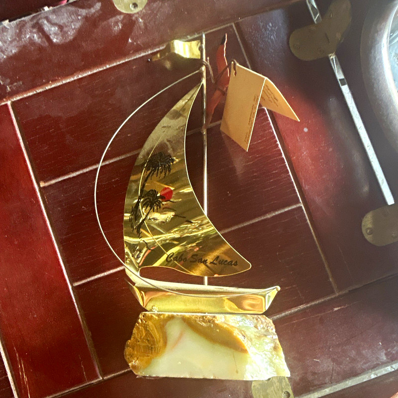 Gold-Tone Metal Sailboat Figurine on Stone Base, Cabo San Lucas Nautical Decor