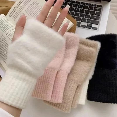 Women Fingerless Winter Gloves Soft Warm Knit Plush Solid Color Gloves