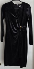 Calvin Klein Midi Dress 6 Formal Black Velvet Long Sleeve Silver Brooch Draped