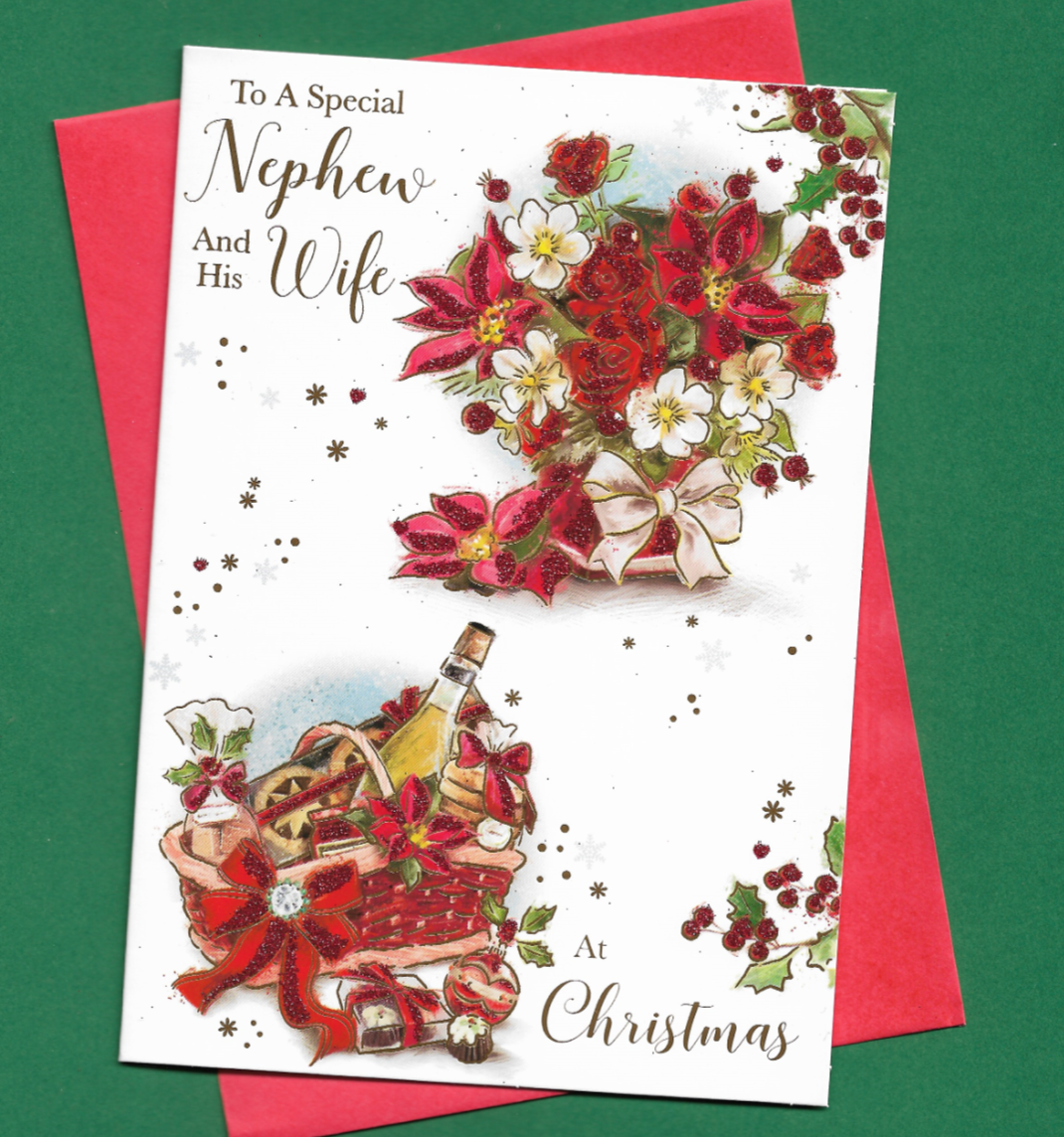 Special Nephew And His Wife Christmas Card Xmas Flowers Red Glitter 19x13cm