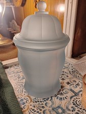 Vintage Blue Satin Glass Covered Apothecary Jar on Pedestal with Hand-Painted Floral Decoration — listing 2