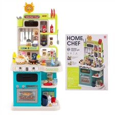 Blue Kids Play Kitchen Set, 95PCS Accessories with Realistic Sounds Lights Steam