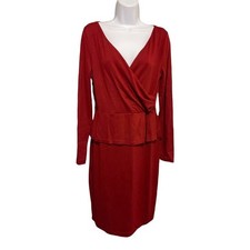 Talbots Red Faux Wrap Dress Peplum Long Sleeve V Neck Jersey Knit Dress sz S