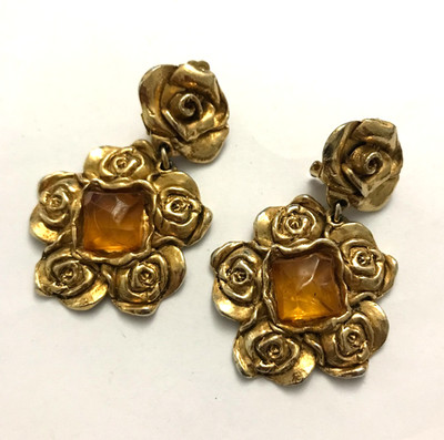 Ohrringe Clips Anhänger Metall vergoldet La Rose Purpre Vintage Couture