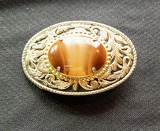 Vtg Western Gold Toned Belt Buckle Polished Agate Rodeo Southwestern Country