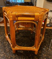Vintage MCM Rattan Bamboo Side Table Plant Stand Woven Top 60s