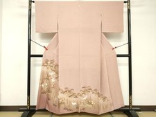 Japanese Kimono Tomesode Embroidery Flying Crane Pine Haze Dyed Gold Pure Silk