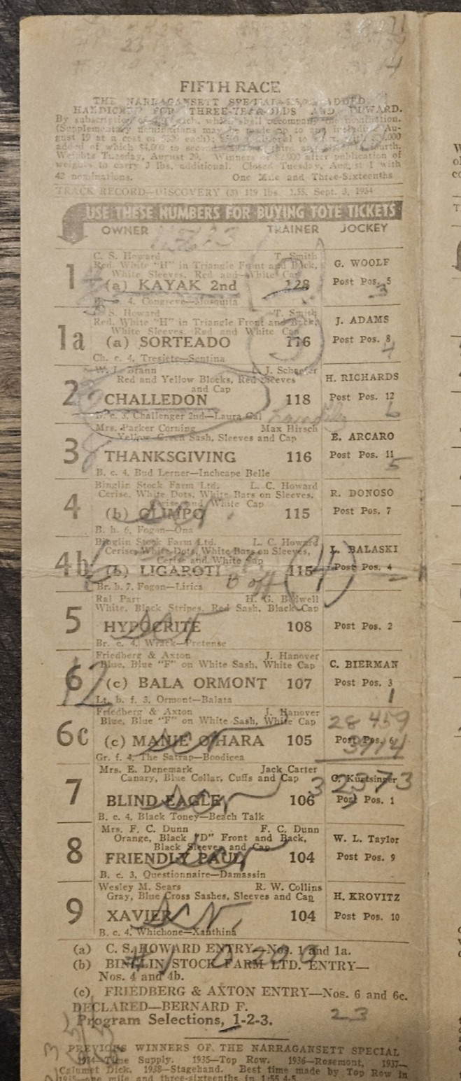 1939 Narragansett Park Racing Program- HOF Challedon, Kayak 2, Ligaroti, Special