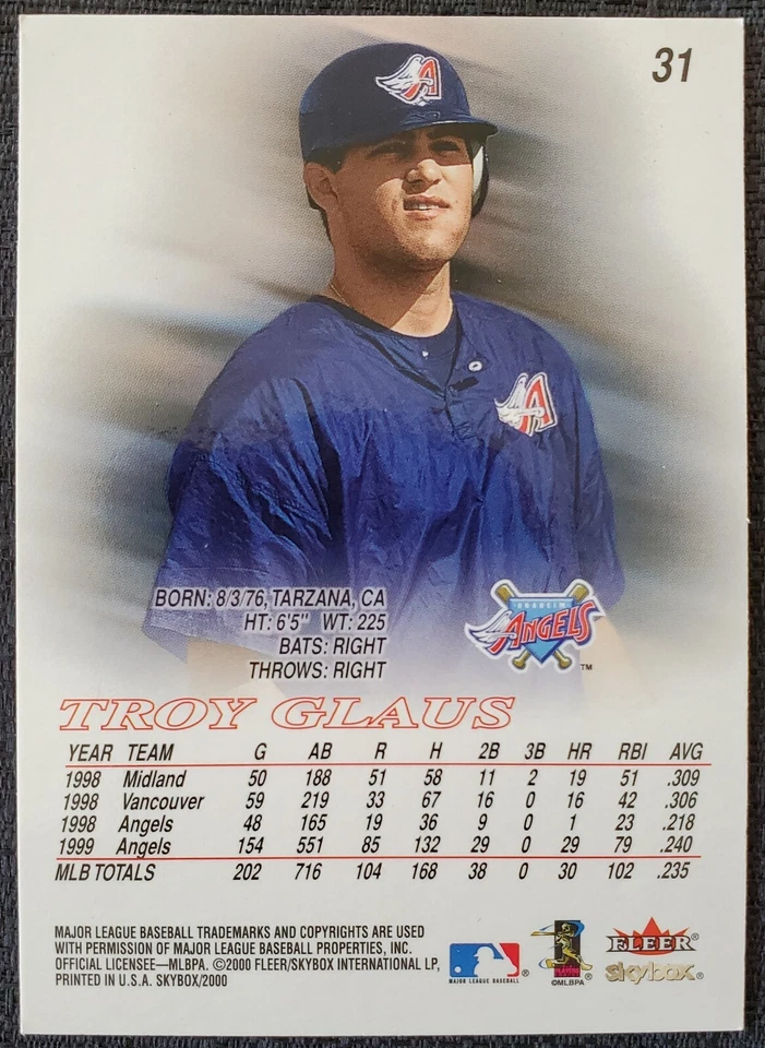 2000 Troy Glaus Anaheim Angels MLB Gold Foil Skybox Card #31 - Image 2 of 2