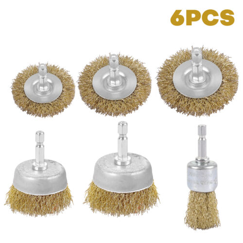 6 Piece Brass Wire Wheel Brush Kit Rotary Drill Tool Set to Clean