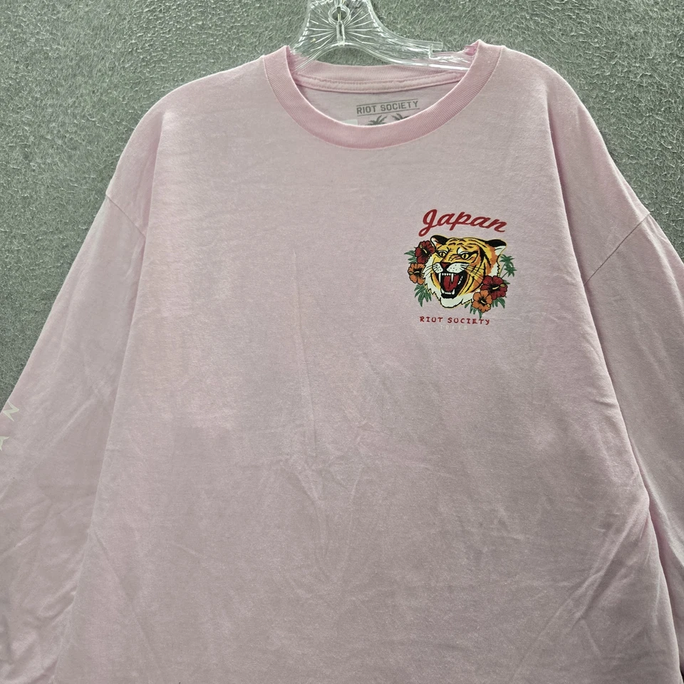Riot Society Men Shirt XL Pink Long Sleeve Graphic Print Tiger Flowers Logo READ - Image 4 of 4