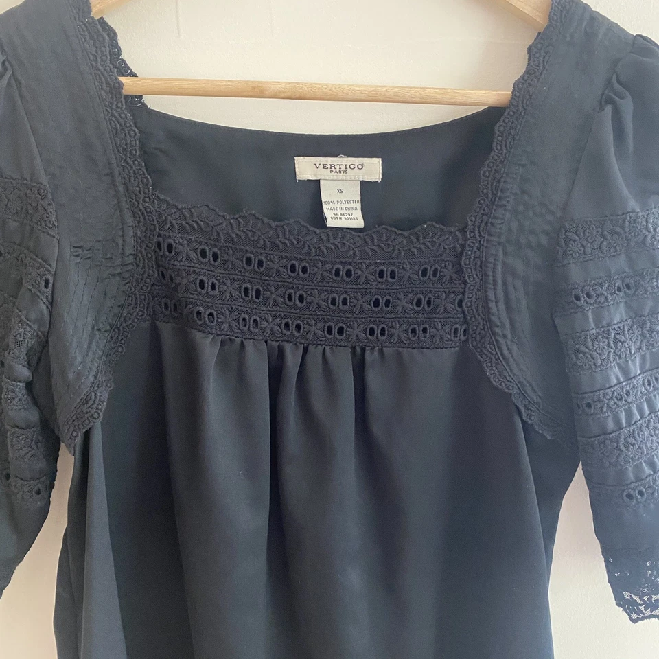 Vertigo Paris Black Square Neck Lace Trim Women XS Satin Mini Shift Puff Sleeve - Image 4 of 4