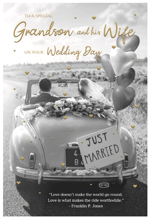 Wedding Card GRANDSON. *Nine Inch Card, Gold Foiling, Paper Pages Inside*