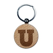 Letter U Uppercase Fun Bold Font Engraved Wood Round Keychain Tag Charm