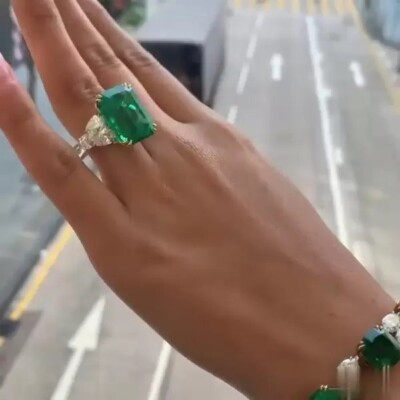 8 ct Lab Created Emerald Cut Emerald & Diamond 14k Gold Plated Three -Stone Ring