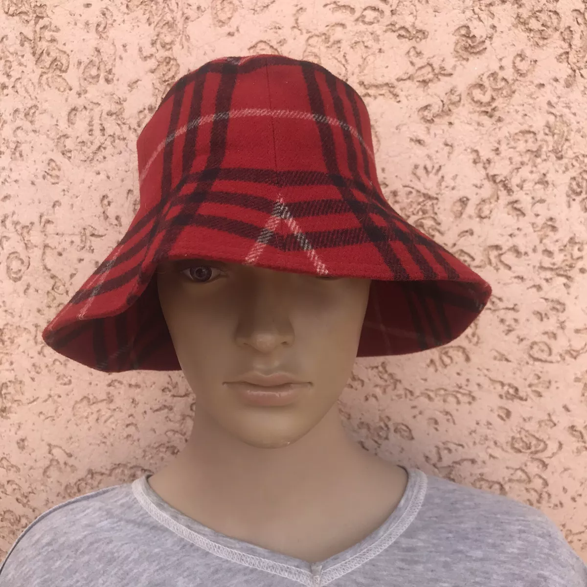 Burberry London Nova Check Bucket WOOL Hat Cap RED One Size 55cm 21.5in S M